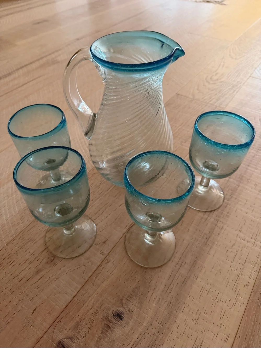 Clear Glass Pitcher and Goblet Set with Ocean Blue Rim - Home Dining